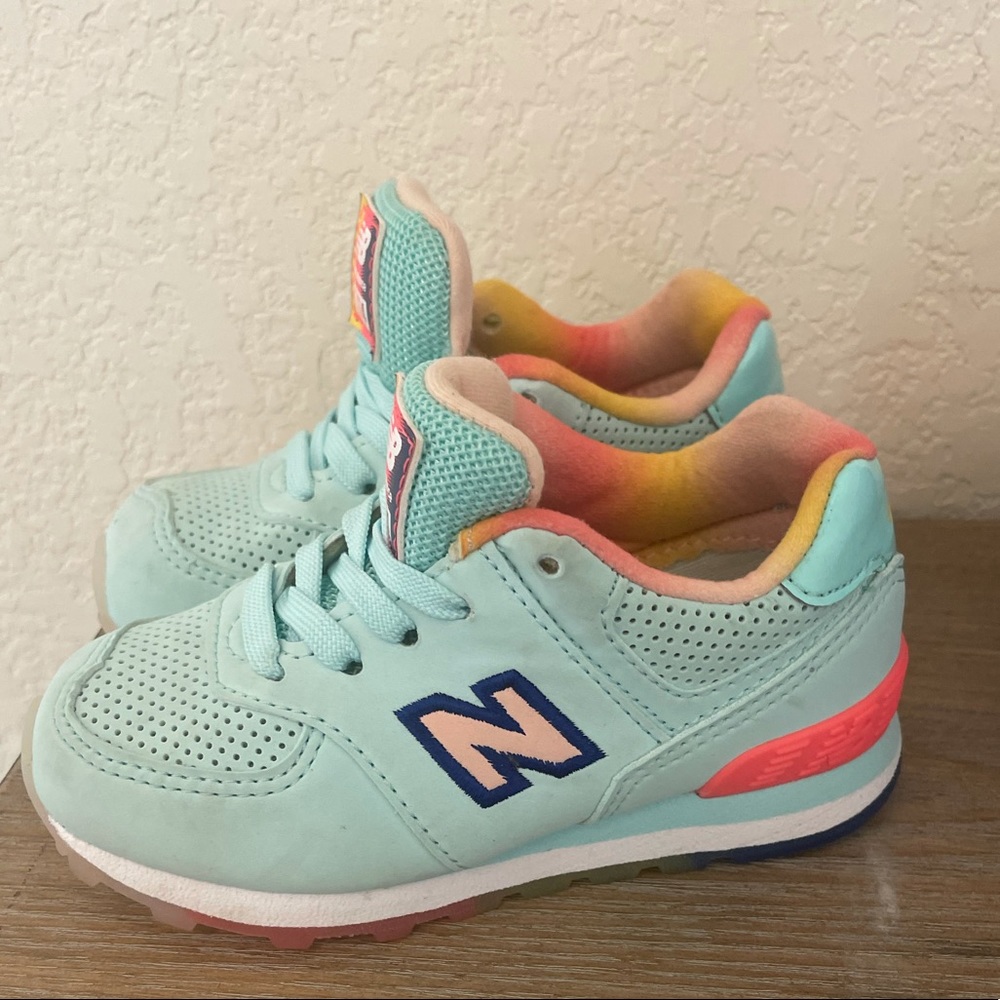 New Balance 574 Sneakers infant size 7. Teal/ orange/ pink